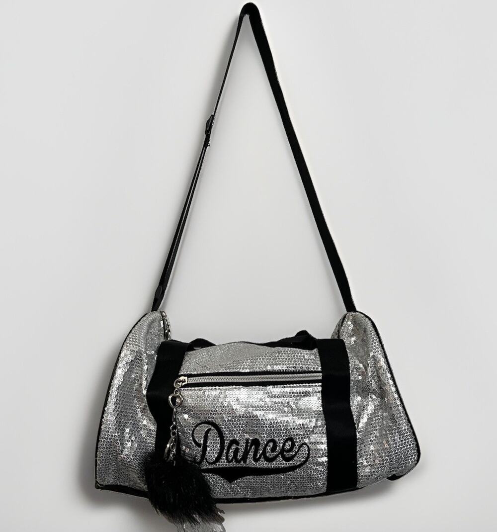 Danz N Motion Dance Duffle Bag Silver Sequin Black Pom Pom Charm 13.5 X 8